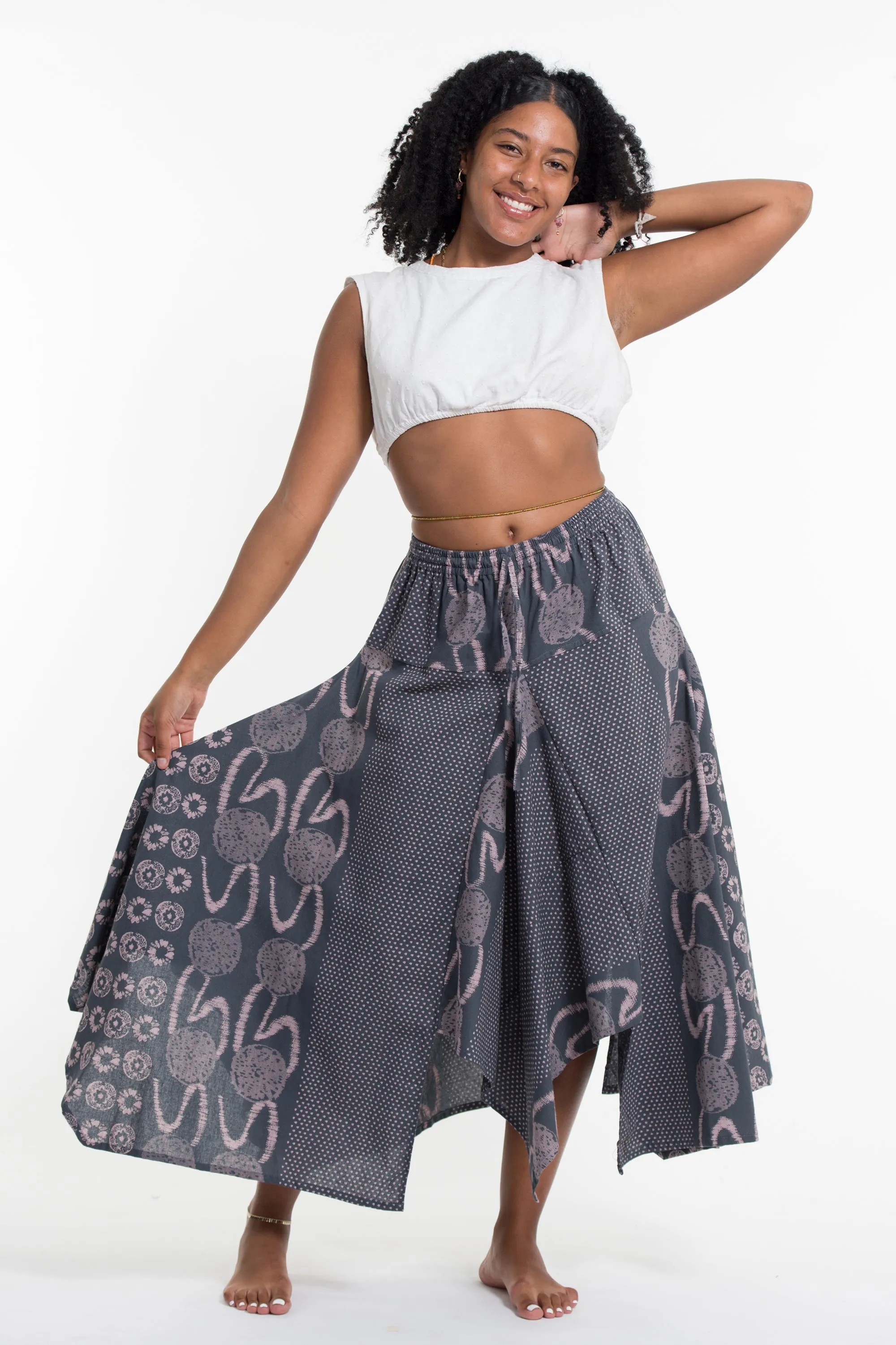 Daisy Dot Prints Cotton Handkerchief Midi Skirt in Gray