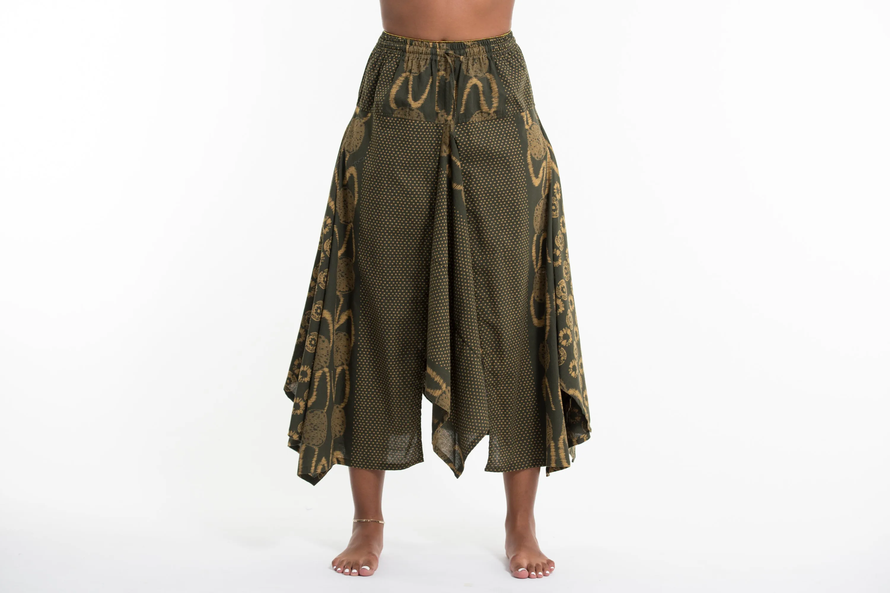 Daisy Dot Prints Cotton Handkerchief Midi Skirt in Olive