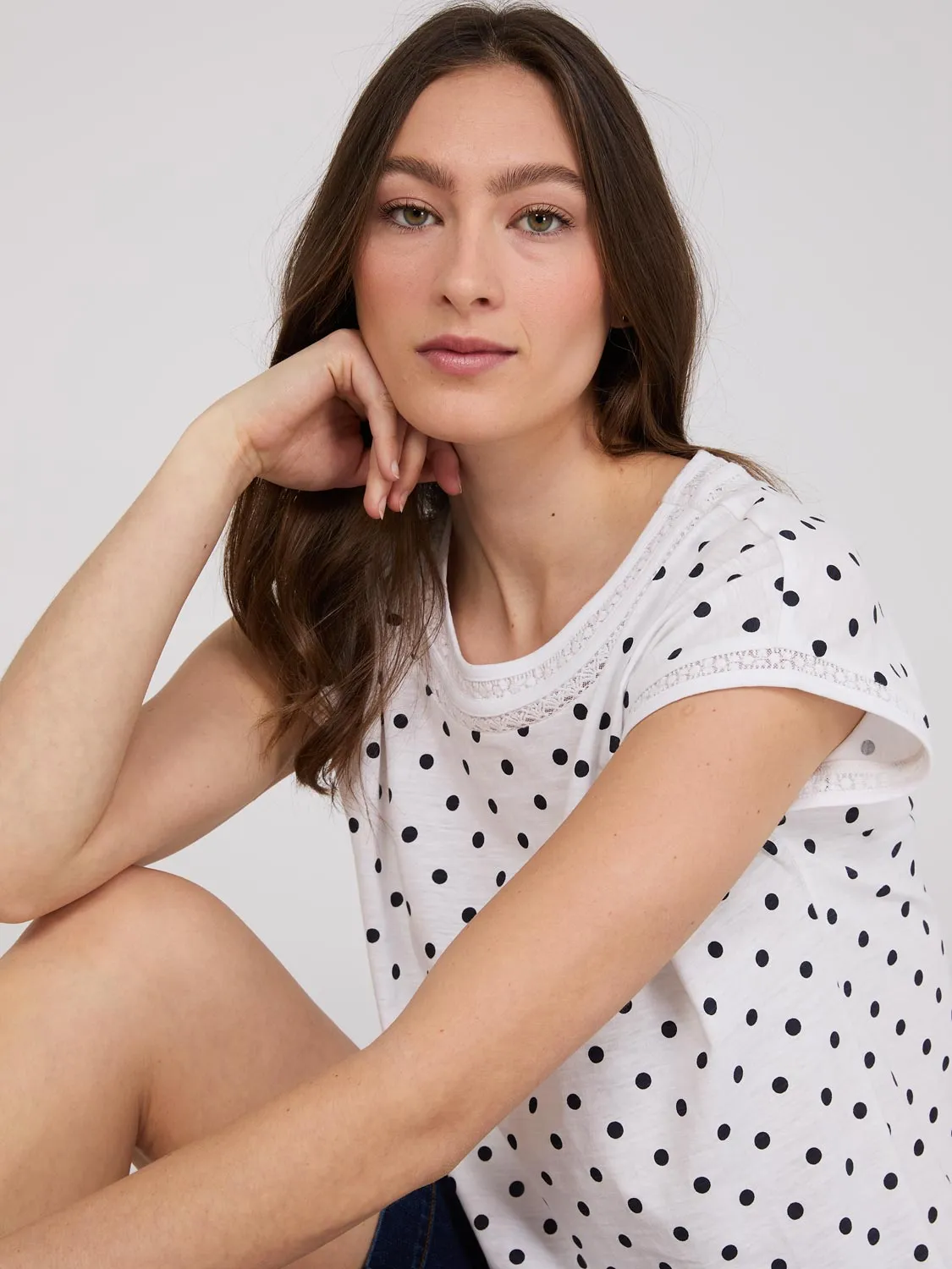 Dot Print Dolman Sleeve Top With Crochet Details