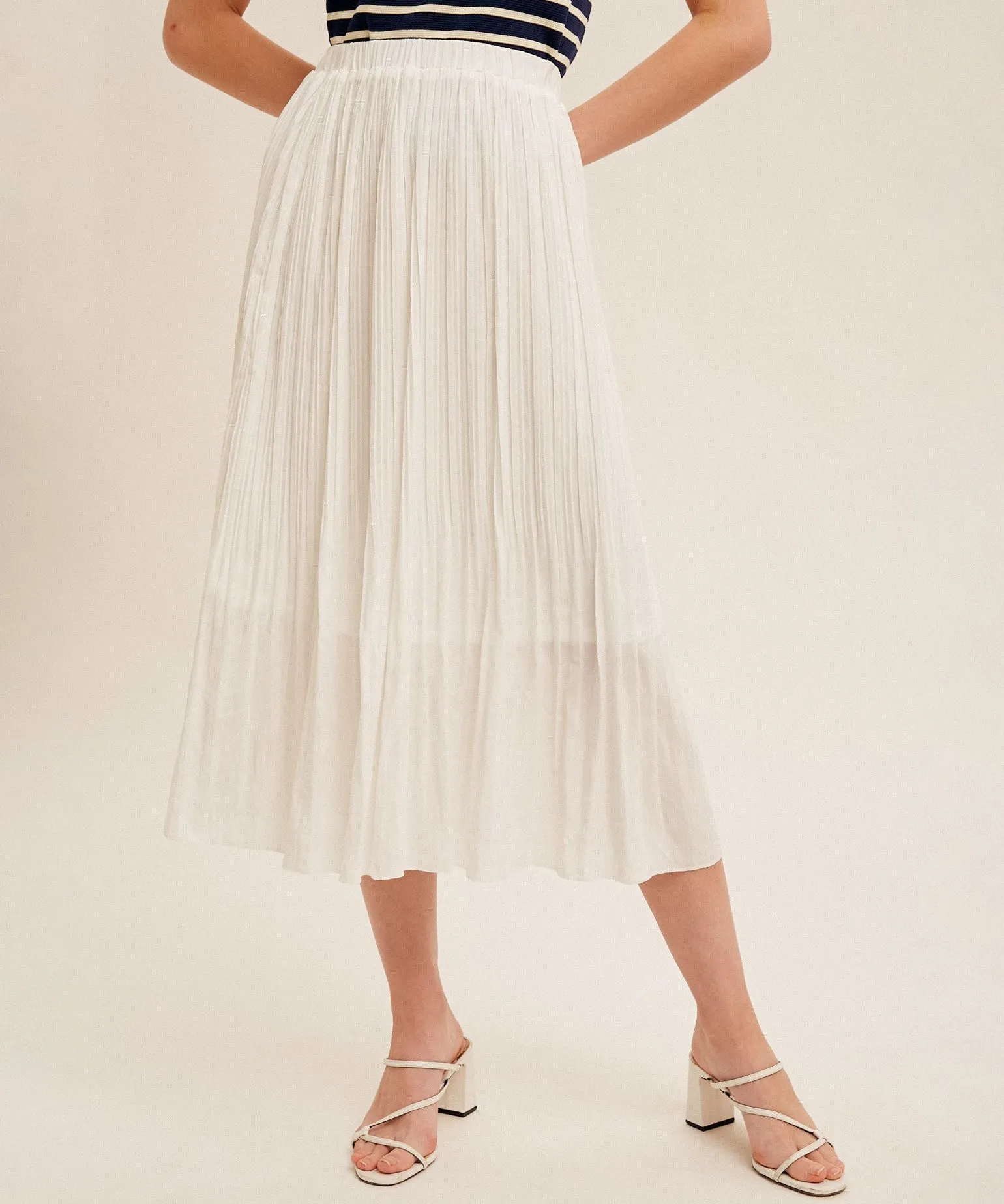 Elastic Waist Pleated Midi Skirt - White