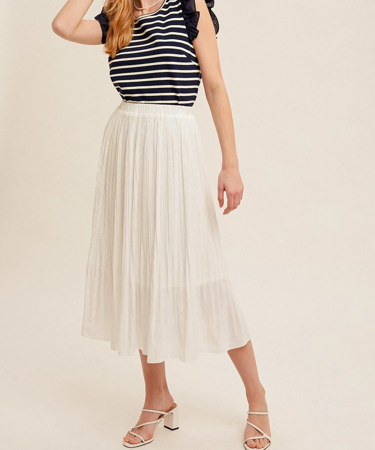 Elastic Waist Pleated Midi Skirt - White