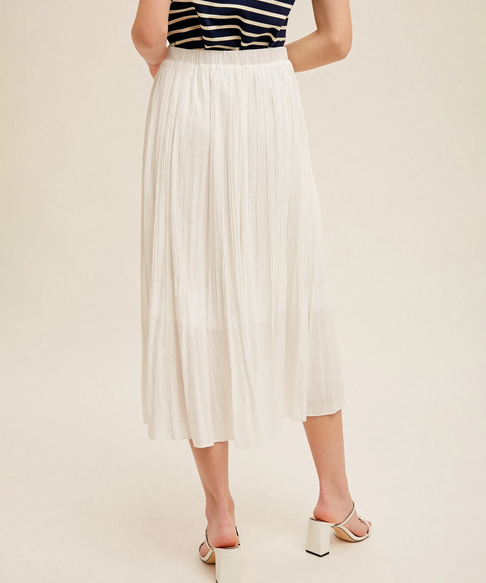 Elastic Waist Pleated Midi Skirt - White