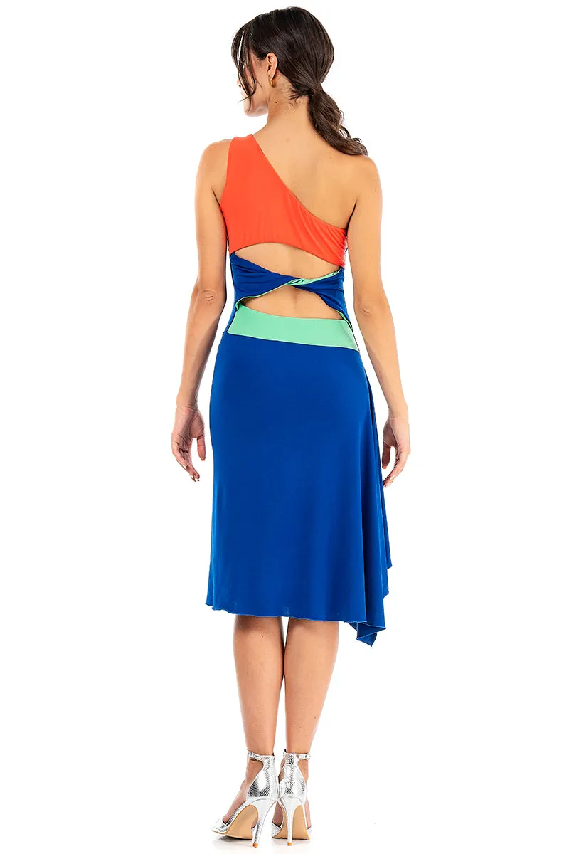 Electric Blue One Shoulder Dress With Twisted Back And Side Draping