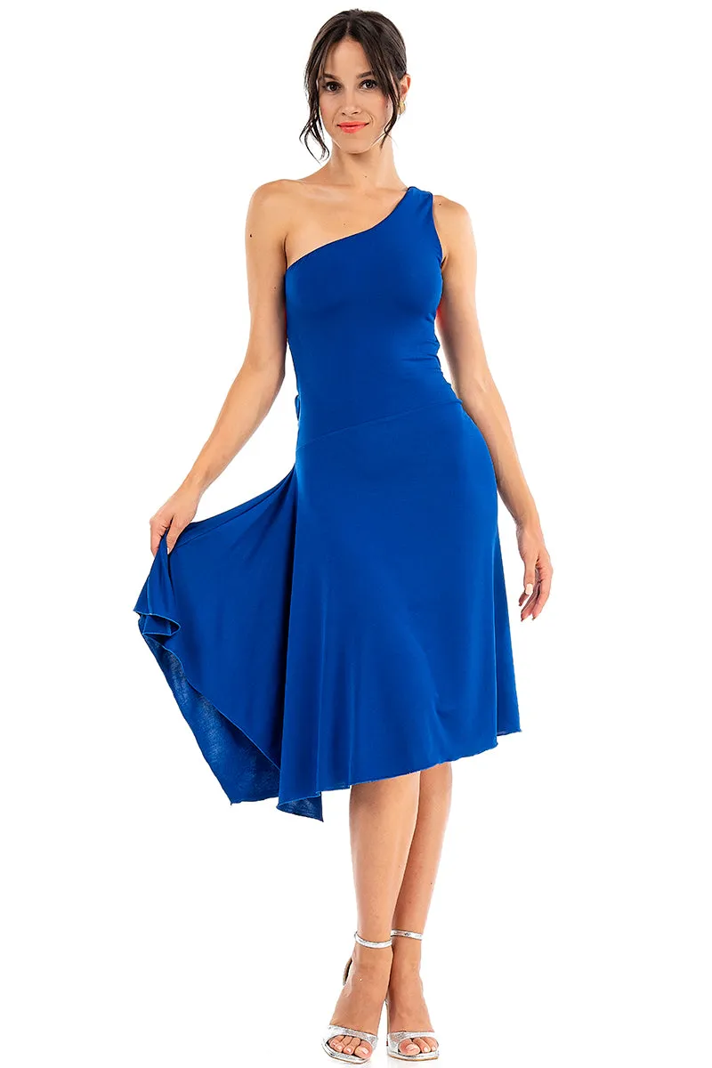 Electric Blue One Shoulder Dress With Twisted Back And Side Draping