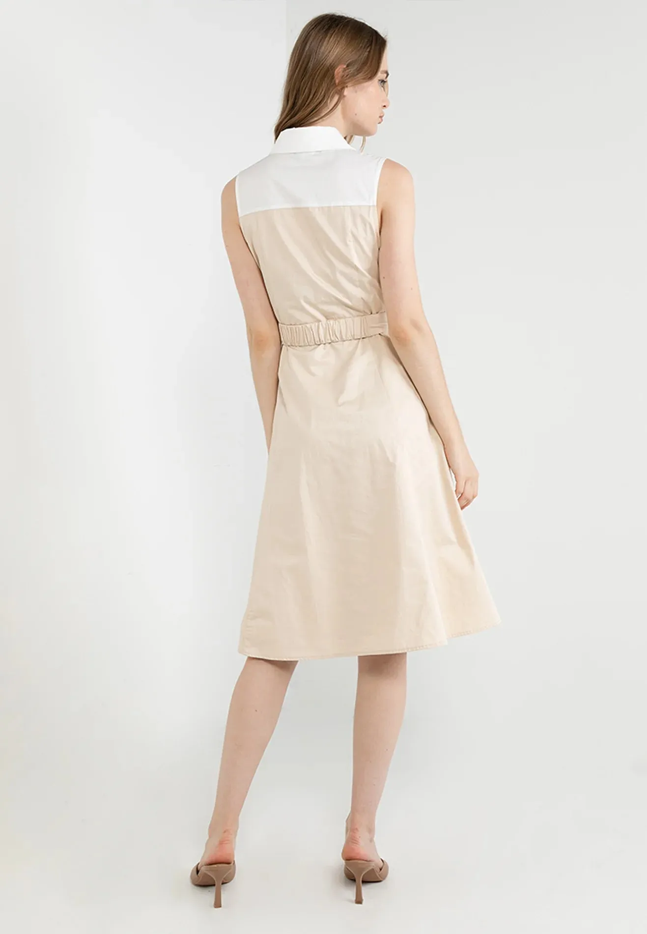 ELLE Apparel Collar Sleeveless Belted Midi Dress