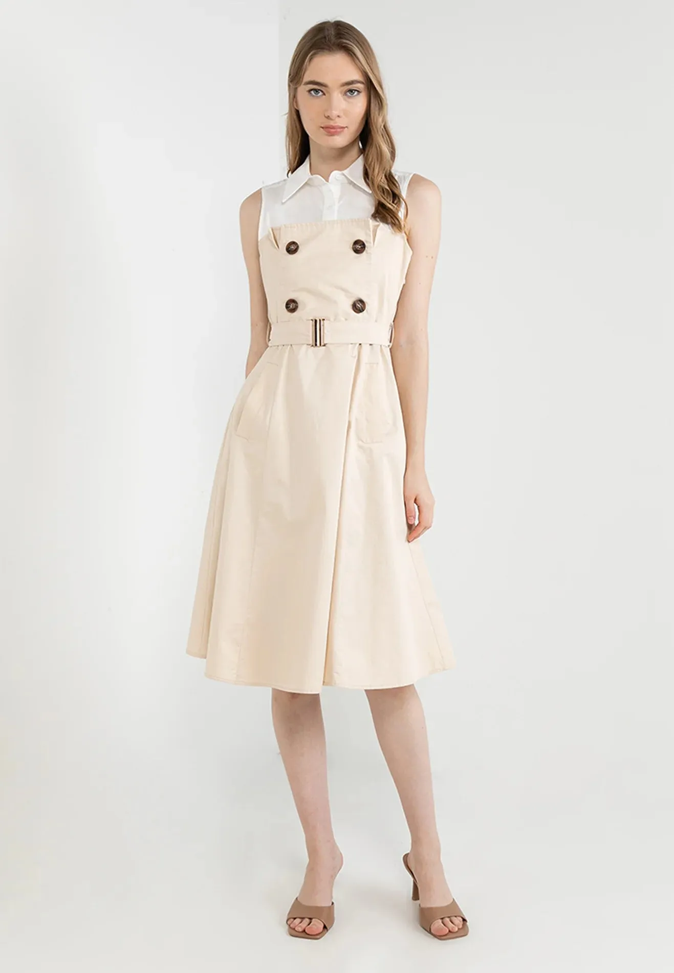 ELLE Apparel Collar Sleeveless Belted Midi Dress