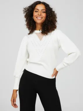 Embellished V-Neck Sweater With Mesh Detail