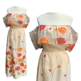 Floral Maxi Dress with Burnt Orange and Red Poppy Flowers  by Alfred Shaheen. Summer Dress