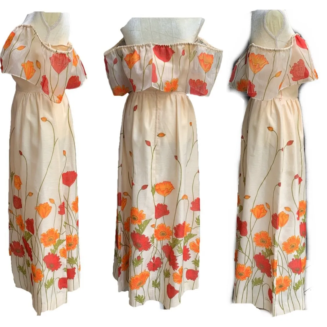 Floral Maxi Dress with Burnt Orange and Red Poppy Flowers  by Alfred Shaheen. Summer Dress