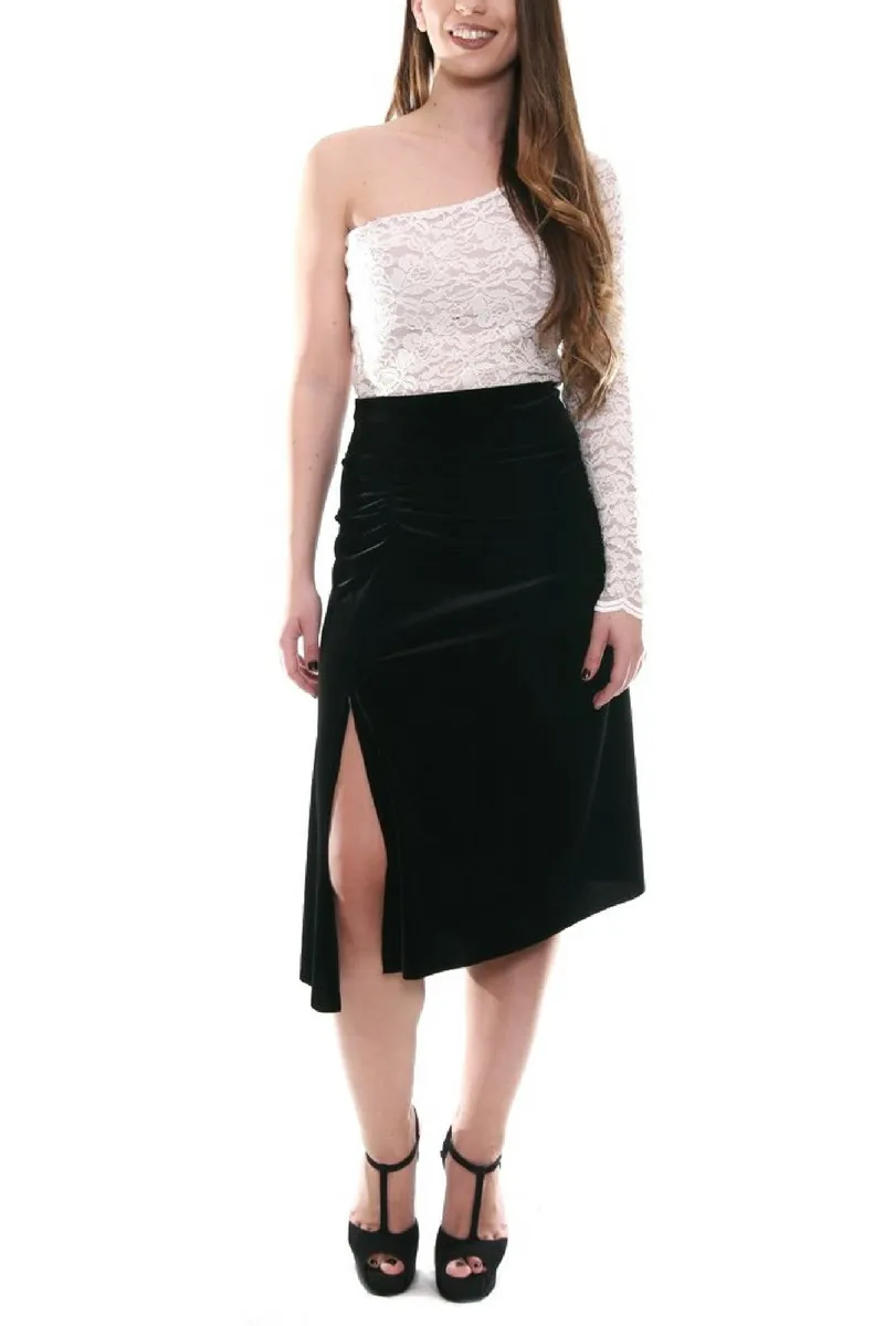 Gathered Velvet Tango Skirt with Slits