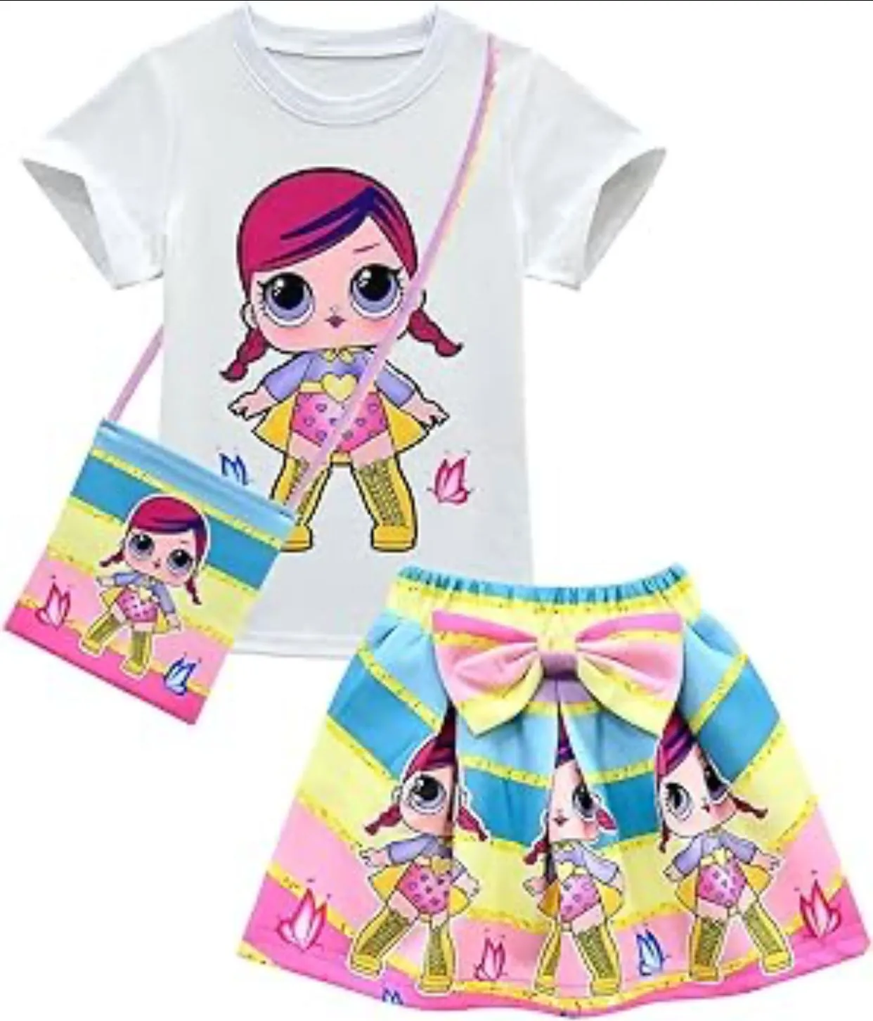 Girls Clothes Sets Summer Doll Short Sleeve Top   Bow Cartoon Print Skirt   Bag 5-6Y S4582023