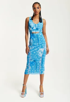 House Of Holland Denim Print Midi Dress With Cut Out Detail