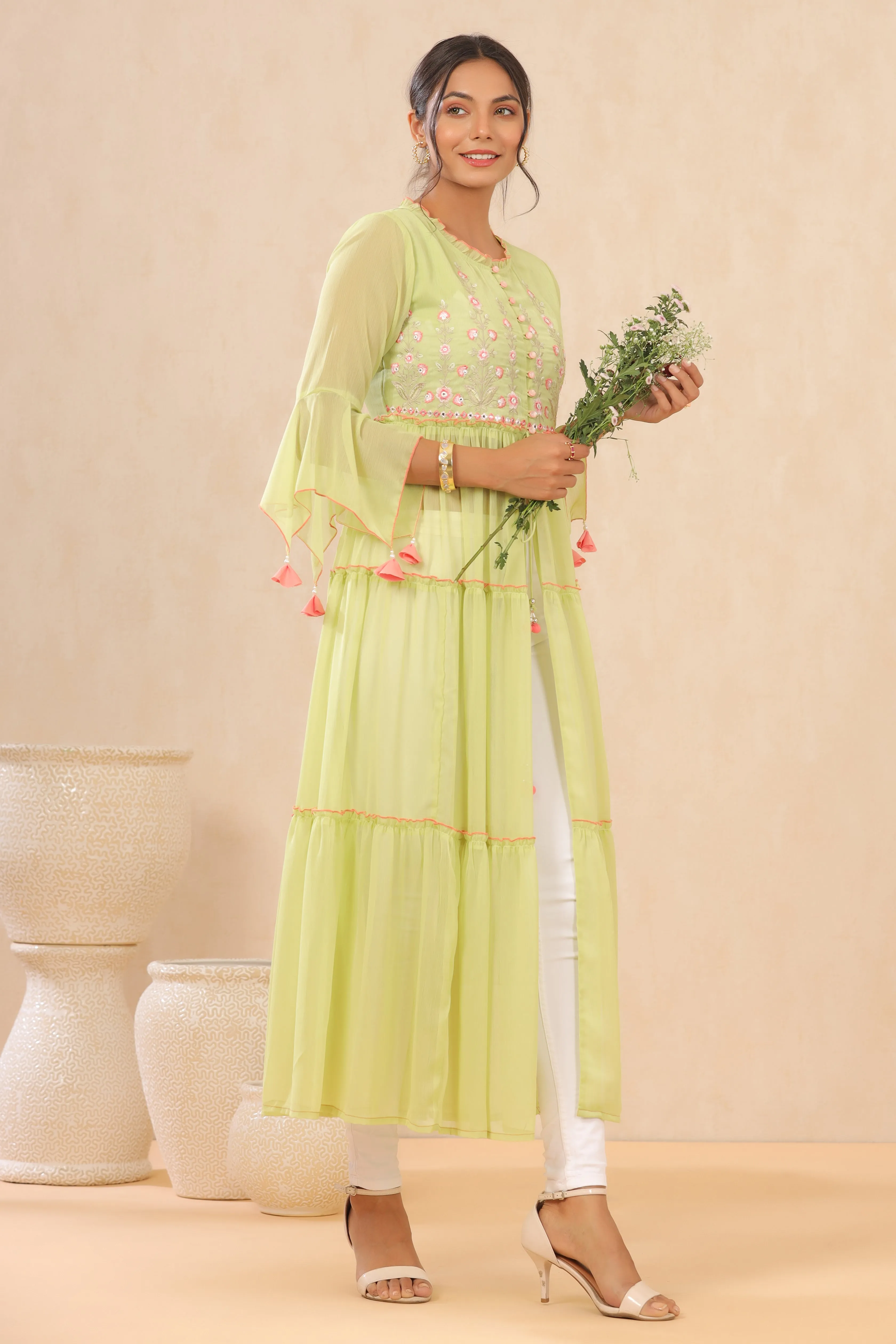 Juniper Green Floral Printed Chiffon Tiered Kurta With Thread Work Embroidery