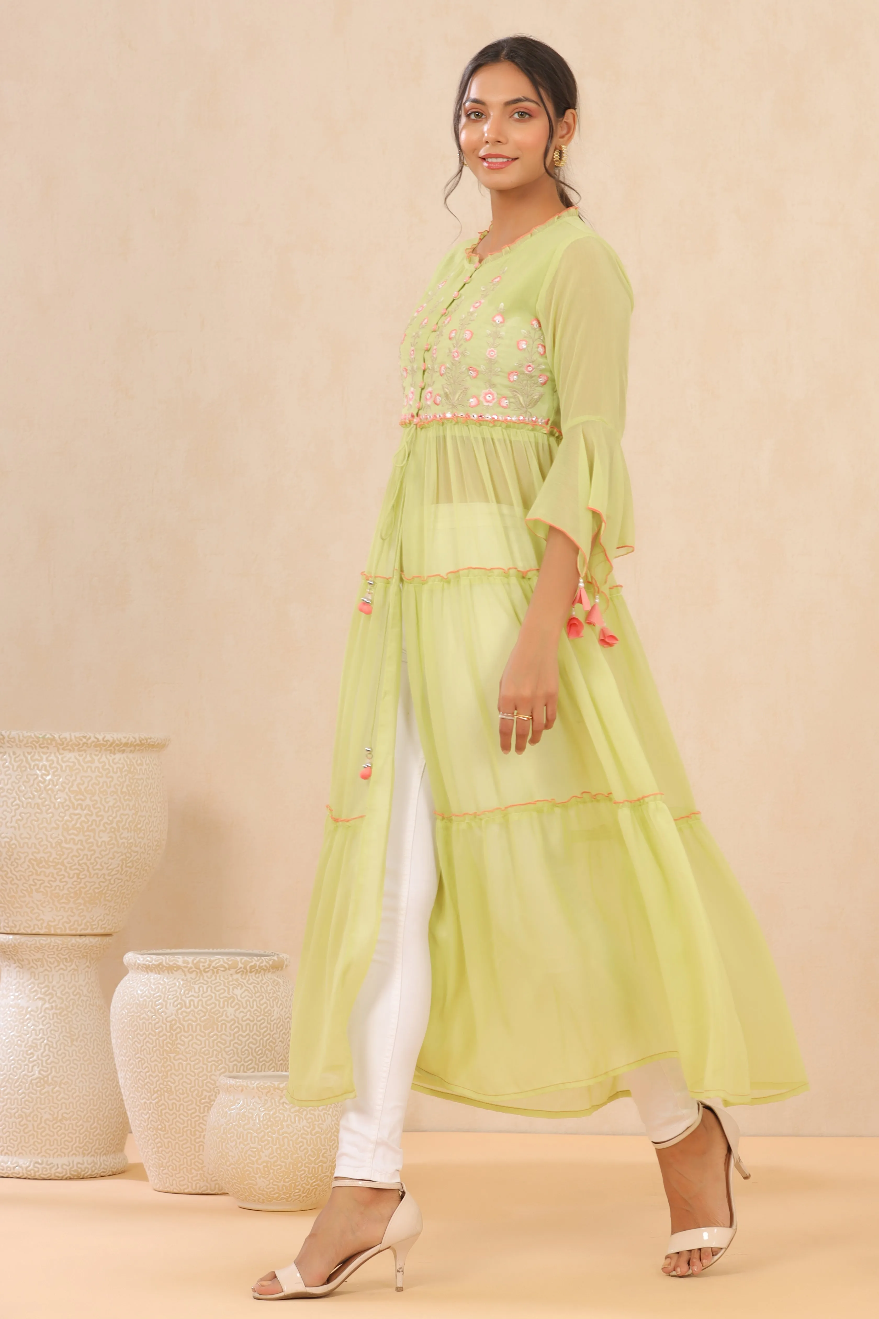 Juniper Green Floral Printed Chiffon Tiered Kurta With Thread Work Embroidery