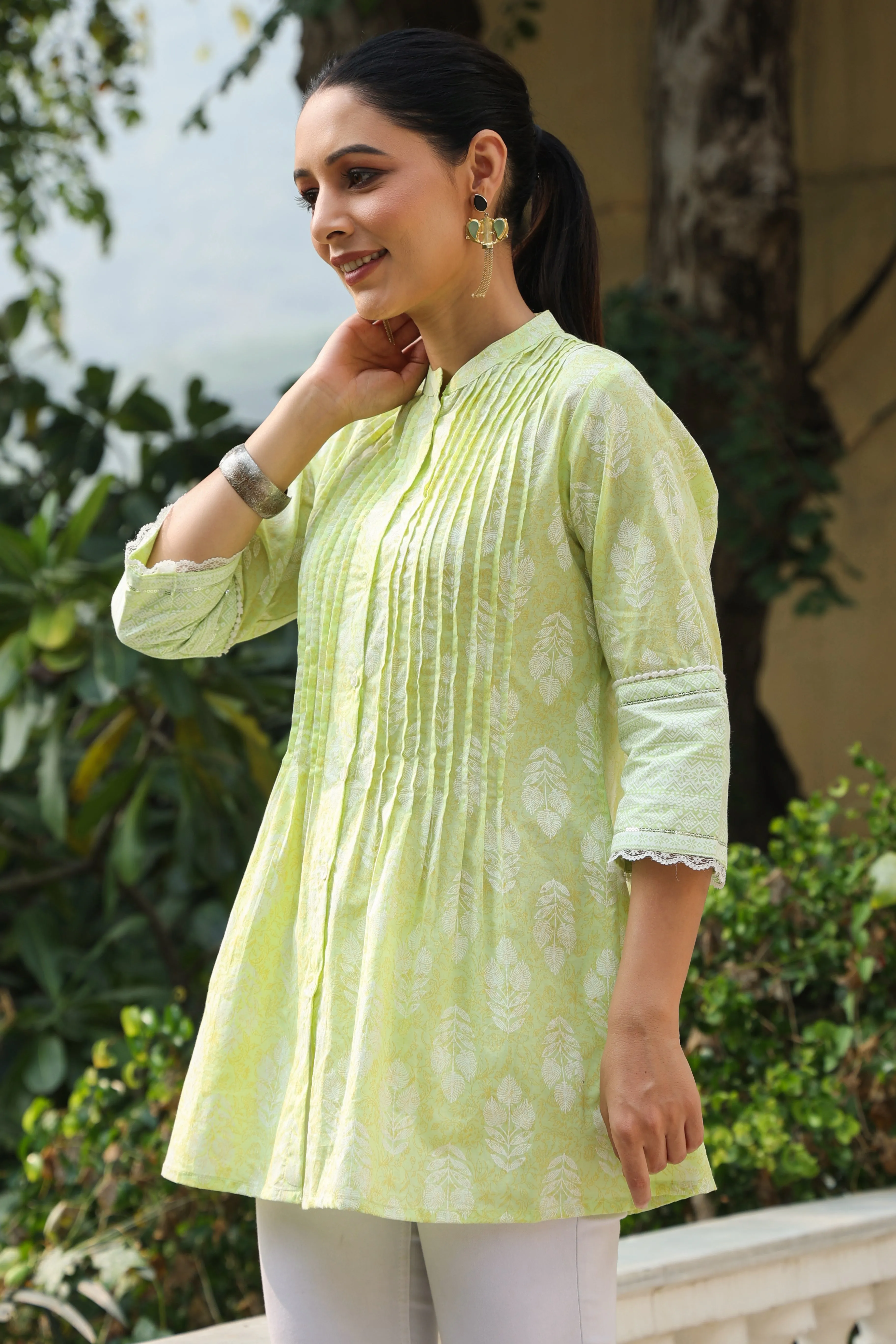 Juniper Lime Green Ethnic Motif Printed Pure Cotton A-Line Tunic With Lace Work