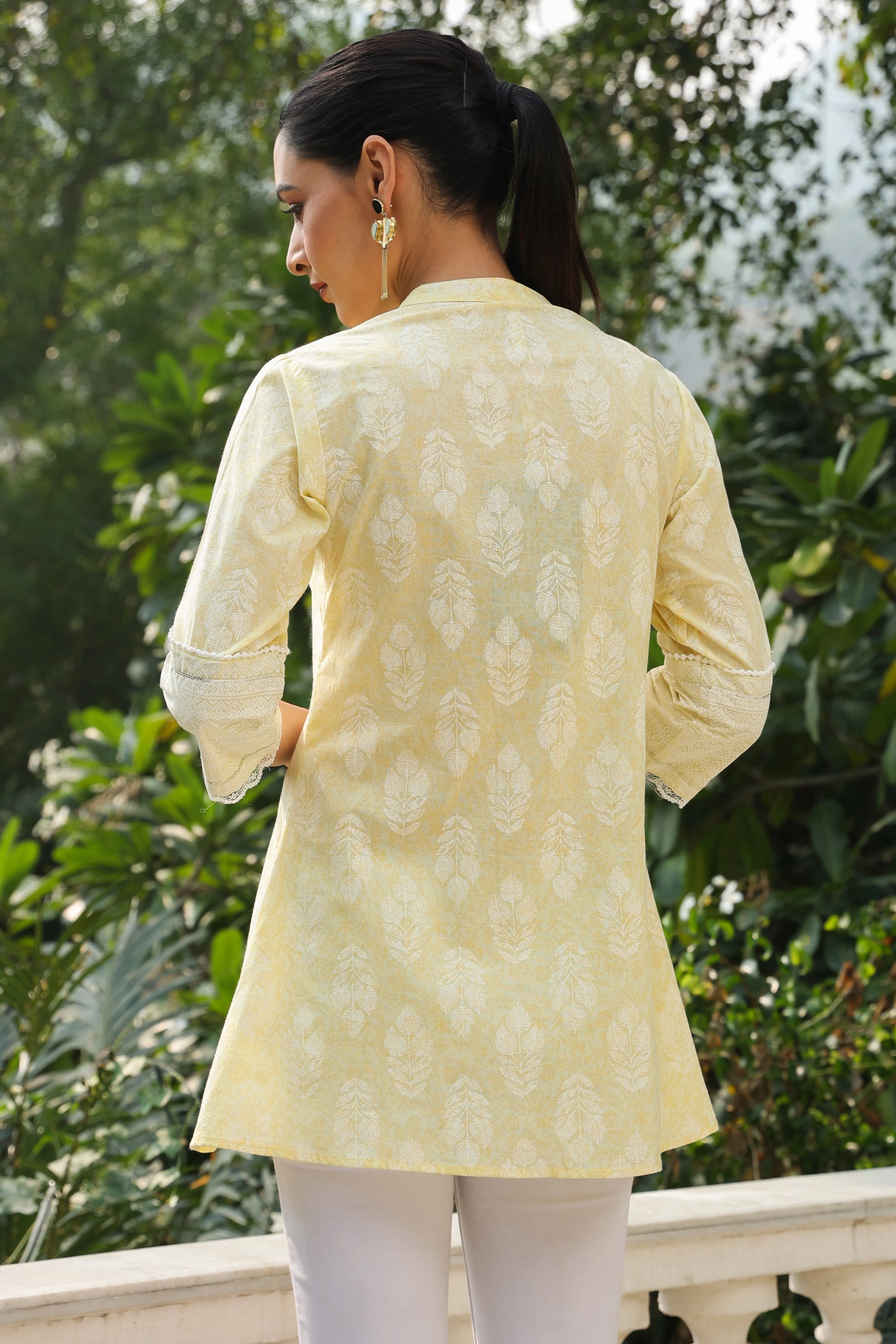 Juniper Lime Yellow Ethnic Motif Printed Pure Cotton A-Line Tunic With Lace Work