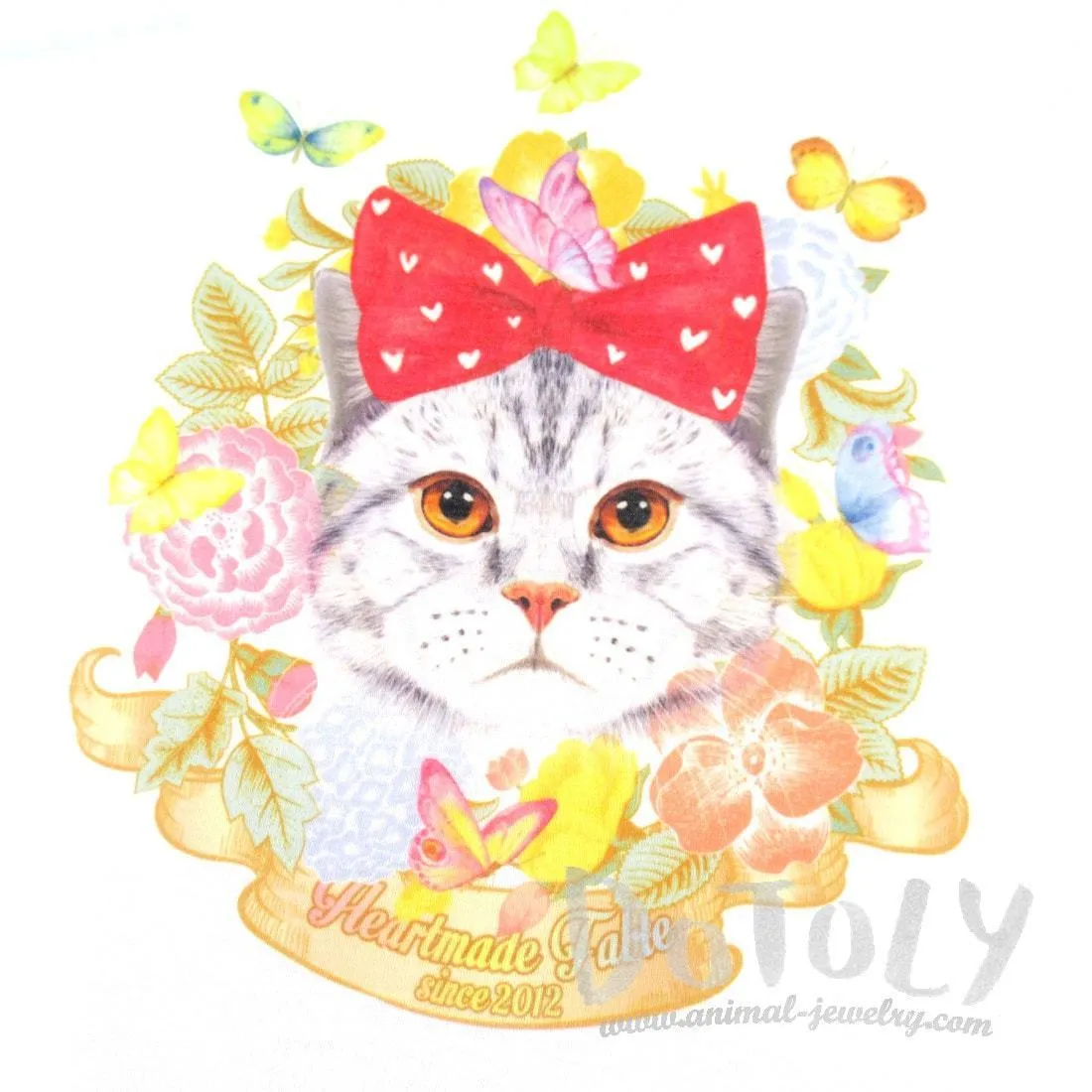 Kitty Cat Surrounded by Flowers and Butterflies Graphic Print Tee T-Shirt for Women