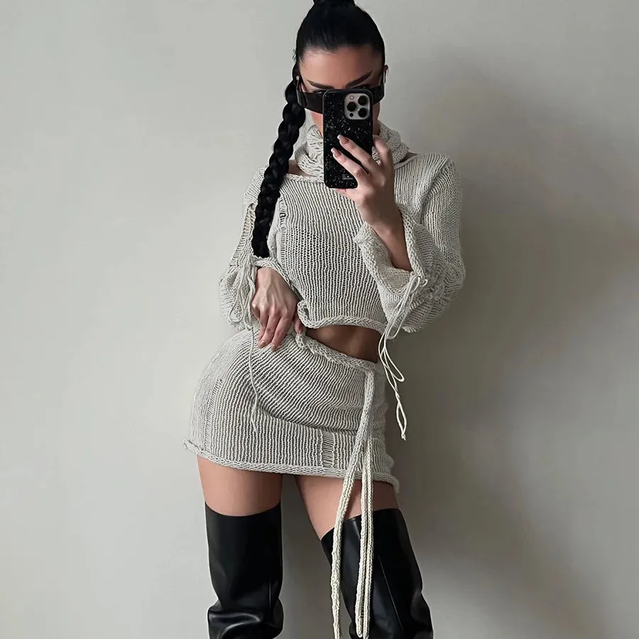 Lady Scarf Sweater Hip Skirt Autumn Women 2 Piece Skirt Set Short Casual Knitted Sweater Women's Set