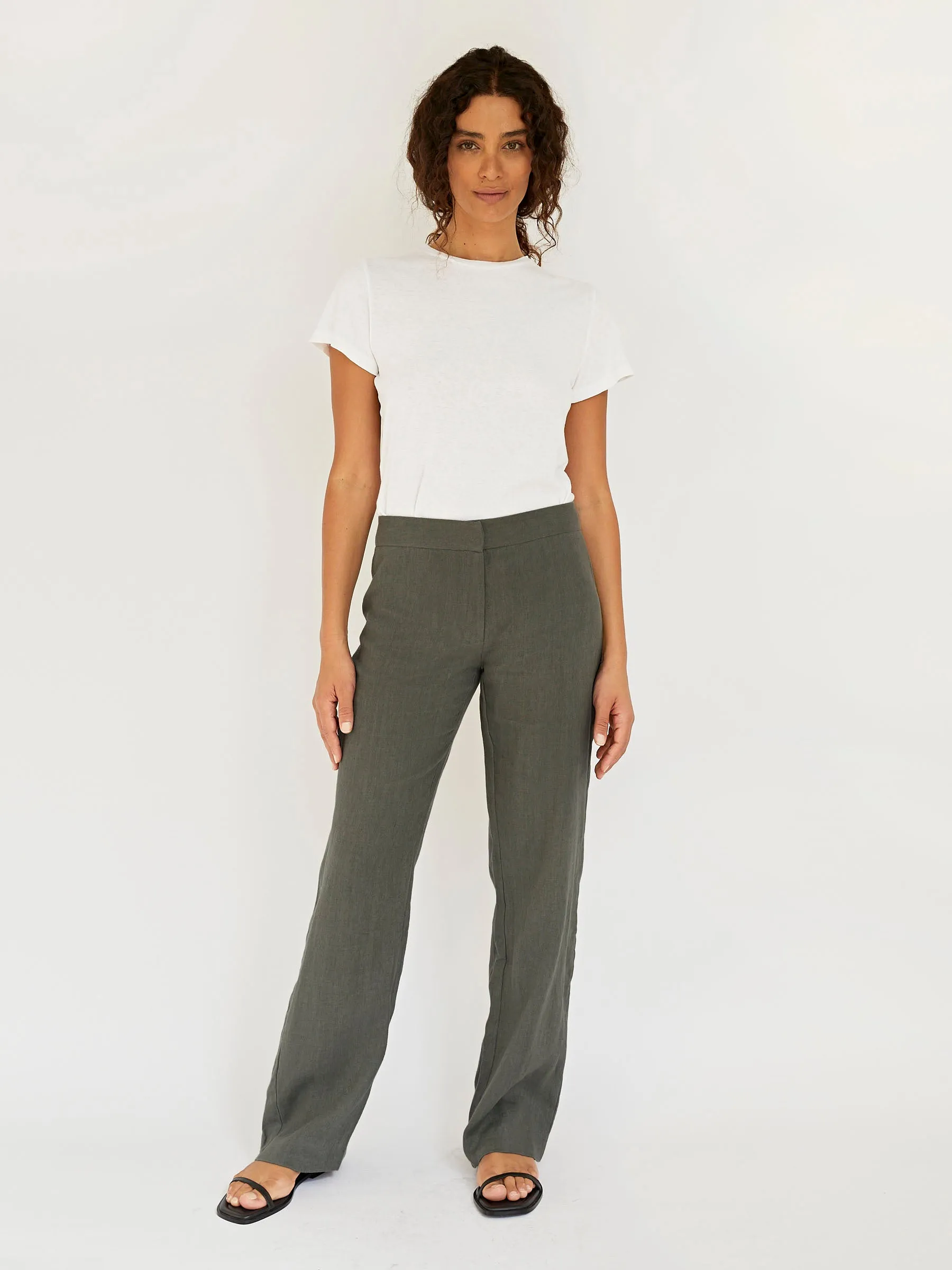 Linen Mid Rise Straight Pants