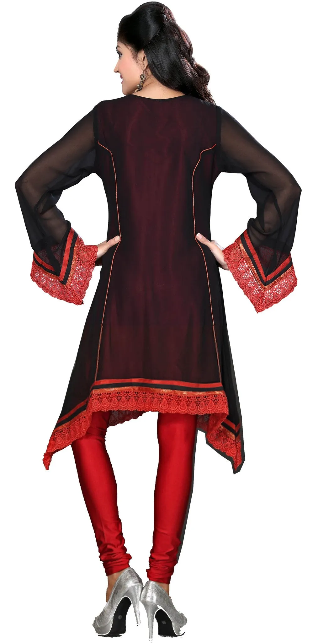 Long India Womens Kurti Hand Sewn Beaded Blouse Indian Clothing (Black-Brown)