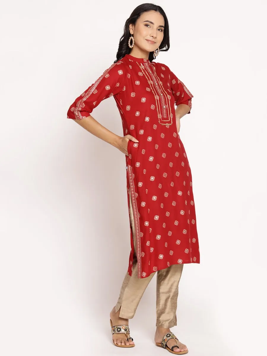 Maroon Ornamental Printed Kurta