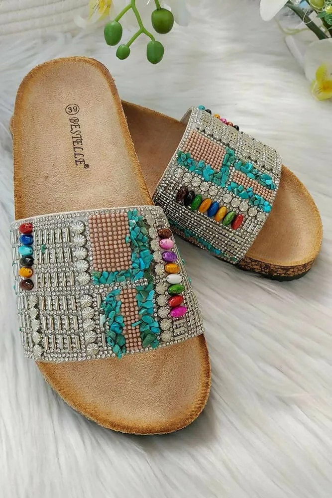 Multi Beaded Strap Footbed Sliders