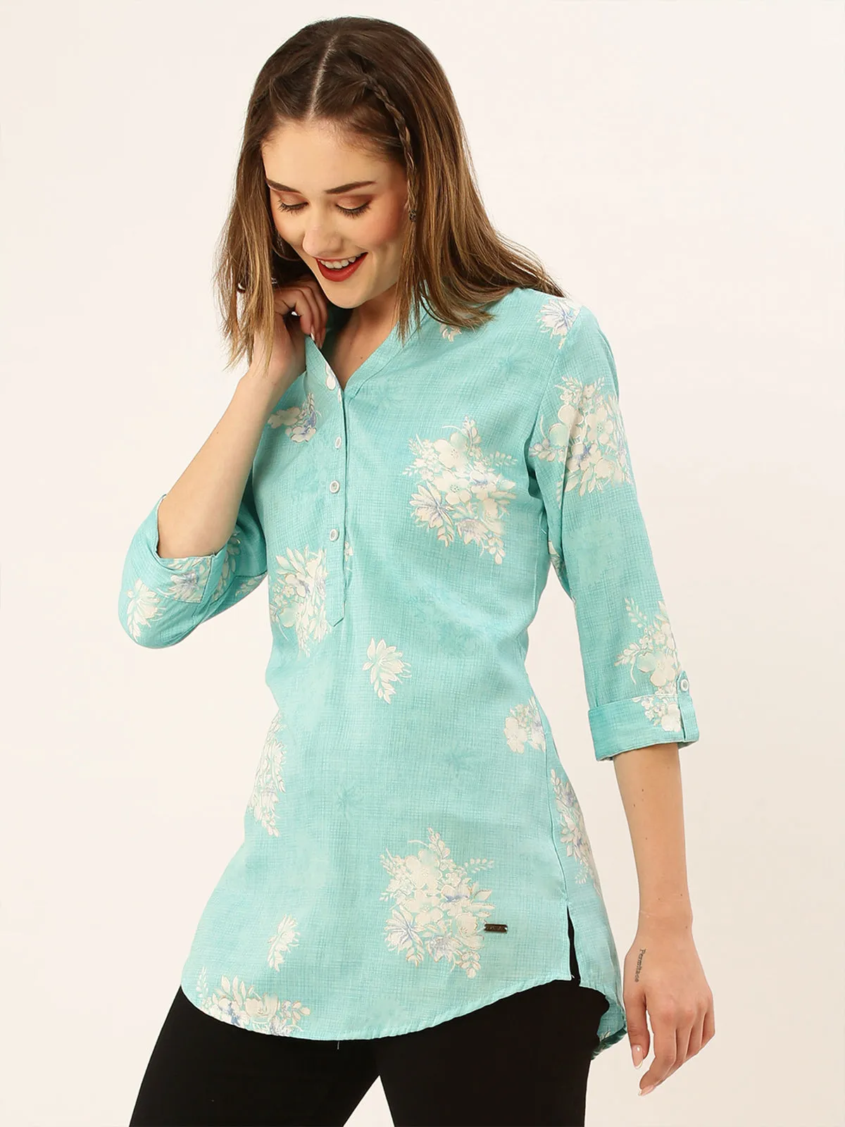 Odette Aqua Blue Printed Rayon Stitched Short Kurta For Women