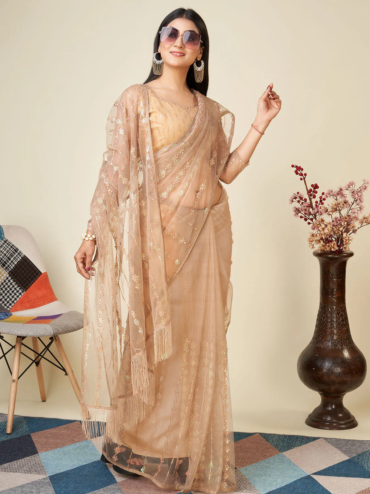 Odette Beige Embellished Net Saree With Unstitched Blouse For Women