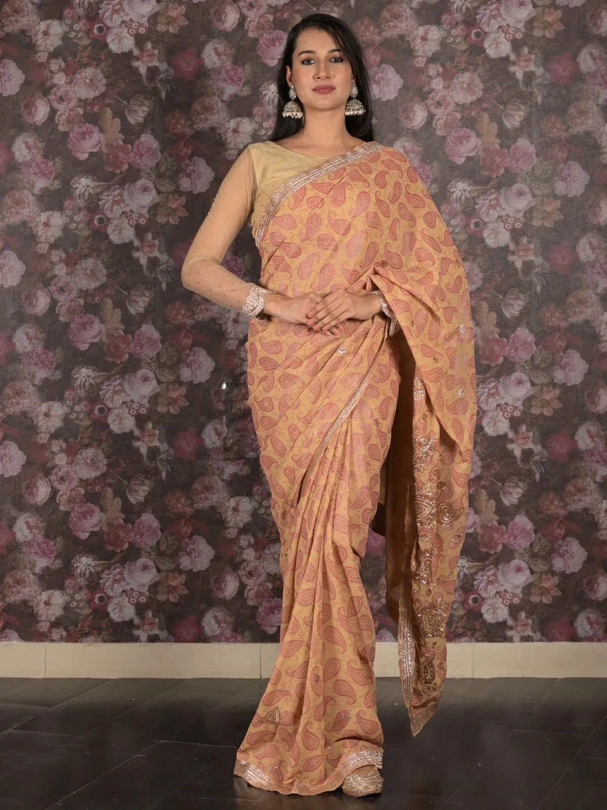 Odette Beige Embroidered Georgette Saree Without Blouse For Women