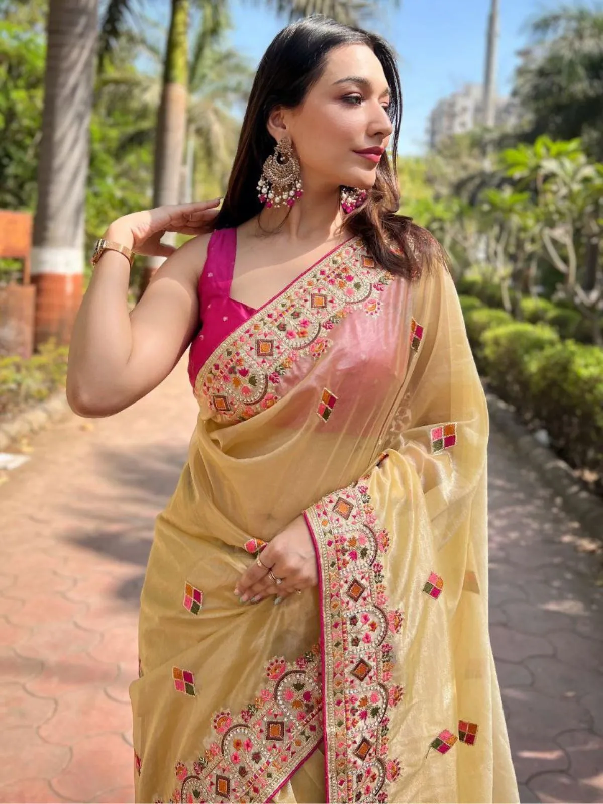 Odette Beige Embroidered Net Saree With Unstitched Blouse For Women