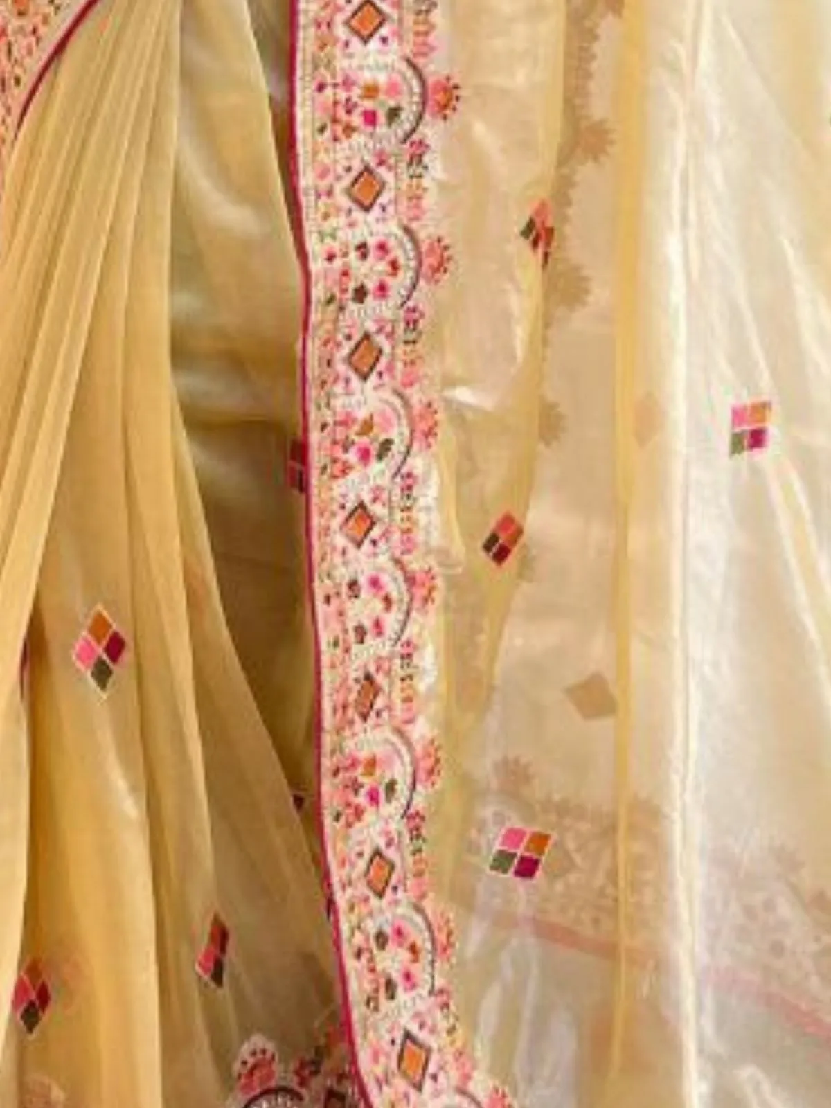 Odette Beige Embroidered Net Saree With Unstitched Blouse For Women