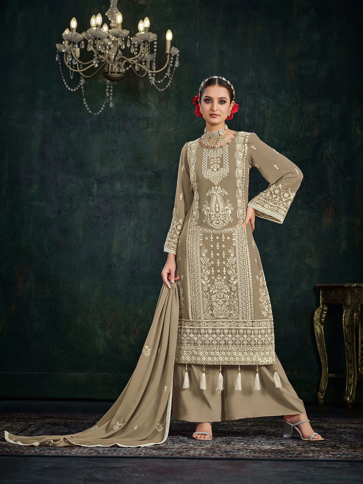 Odette Beige Georgette Embroidered Semi stitched Kurta Set For Women