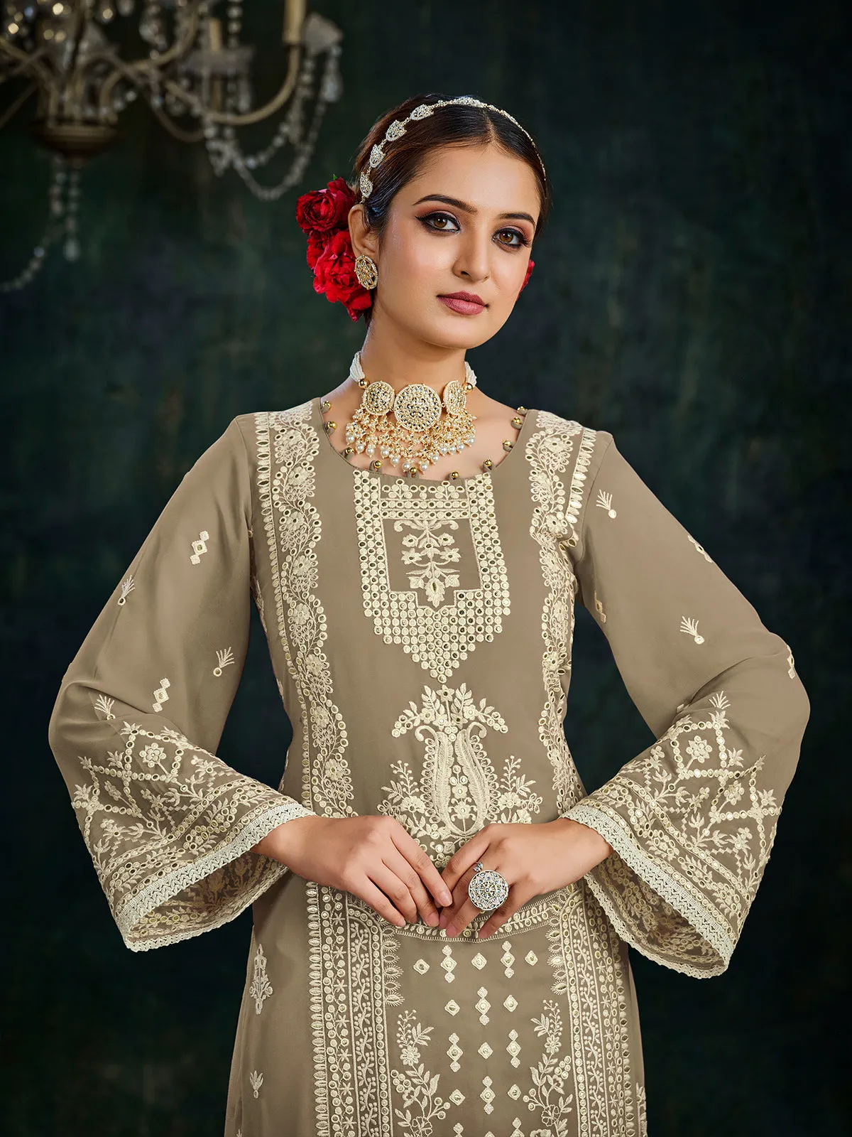 Odette Beige Georgette Embroidered Semi stitched Kurta Set For Women