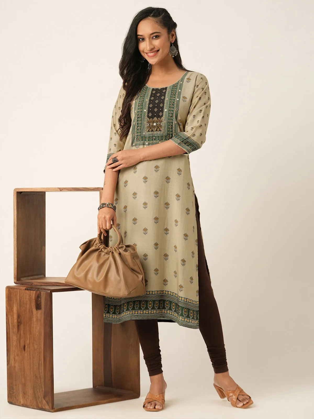 Odette Beige Muslin Printed Stitched Kurta for Women