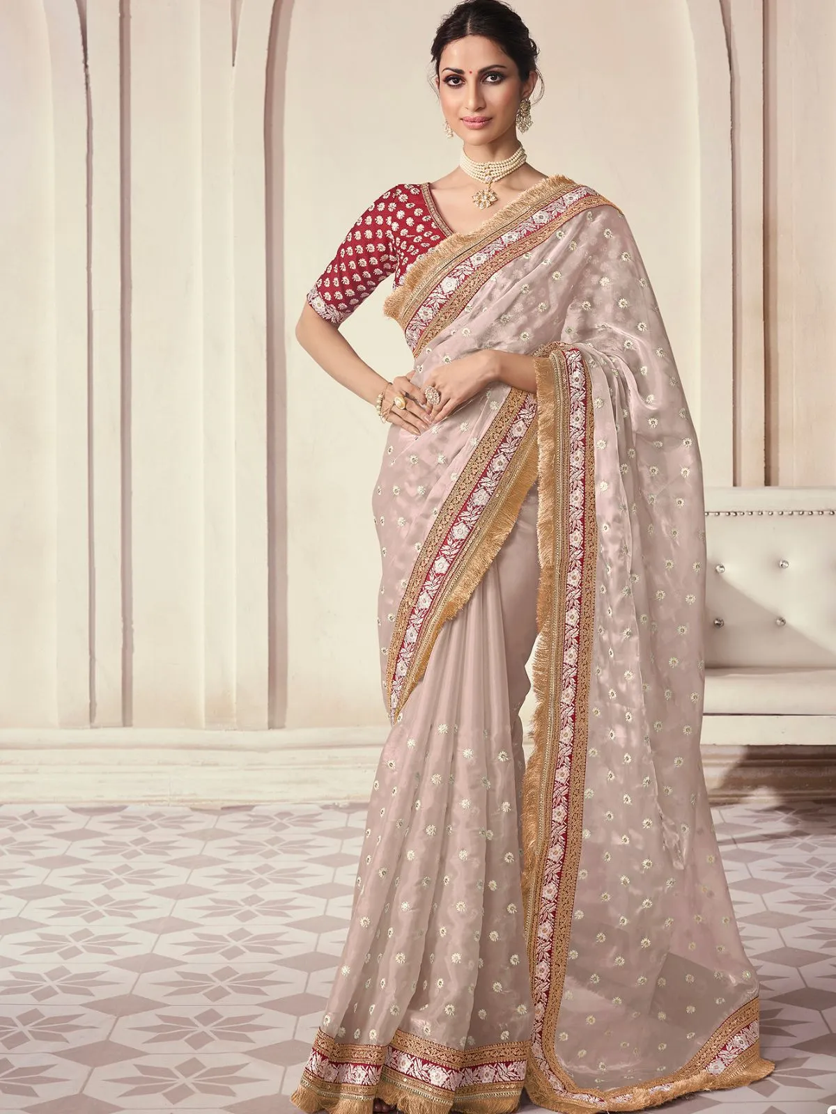 Odette Beige Organza Embroidered Saree With Unstitched Blouse For Women