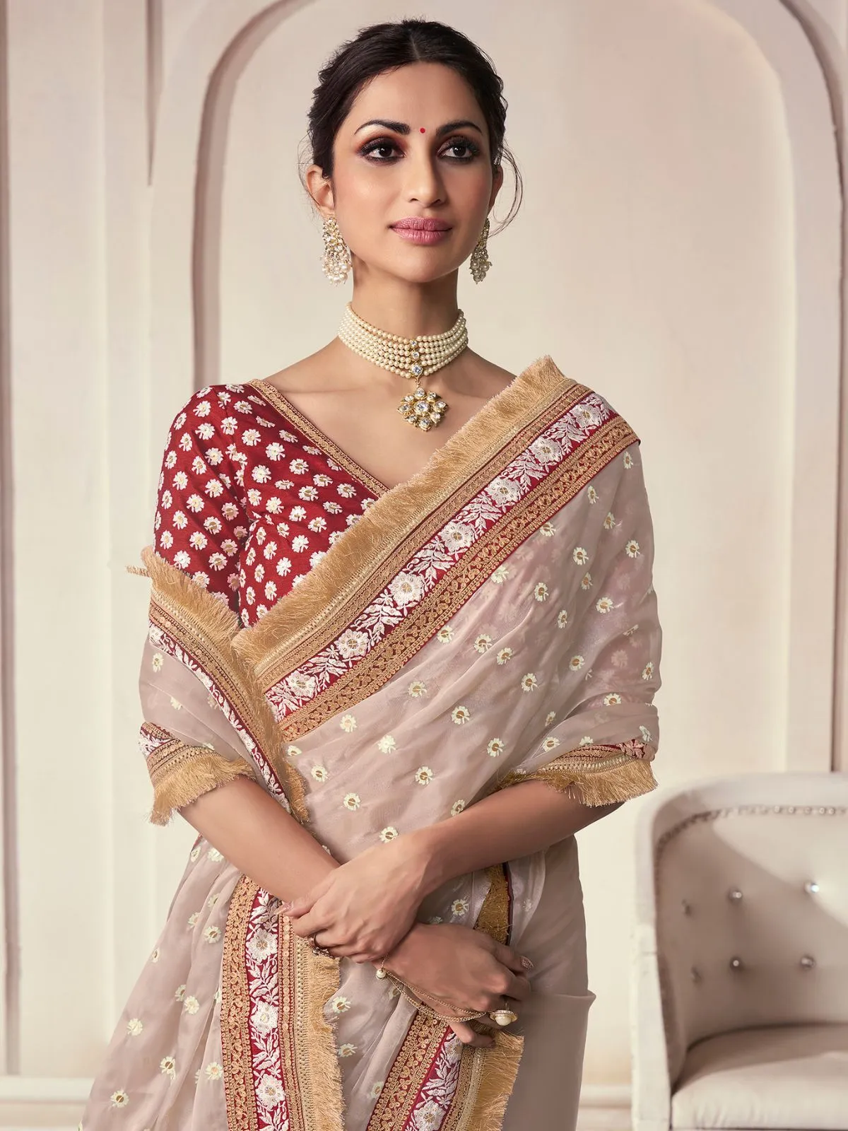 Odette Beige Organza Embroidered Saree With Unstitched Blouse For Women