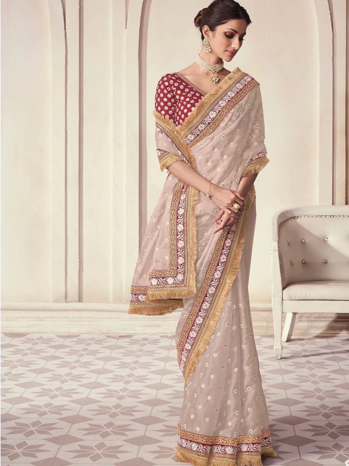 Odette Beige Organza Embroidered Saree With Unstitched Blouse For Women