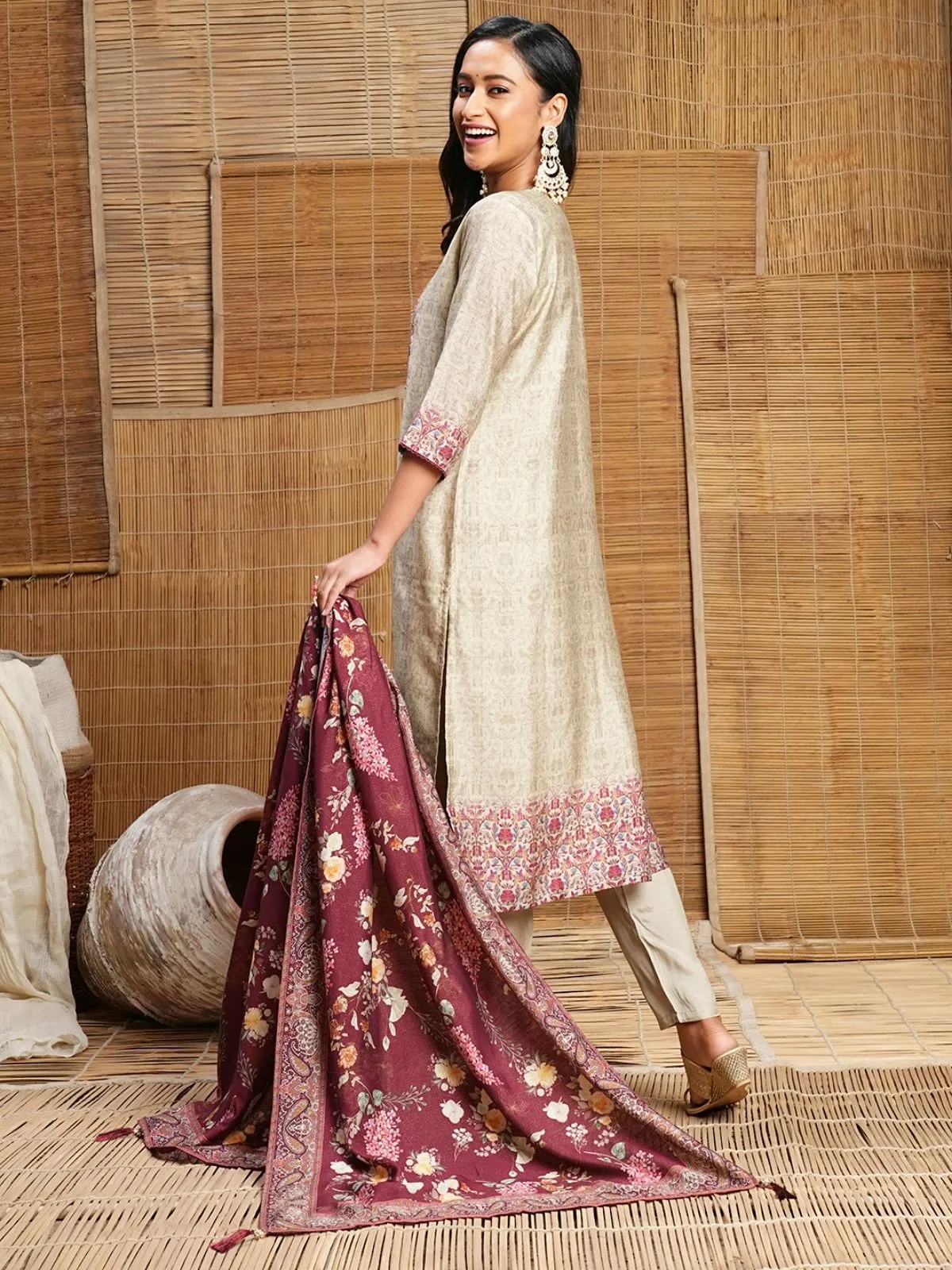 Odette Beige Printed Cotton Stitched Kurta Set For Women