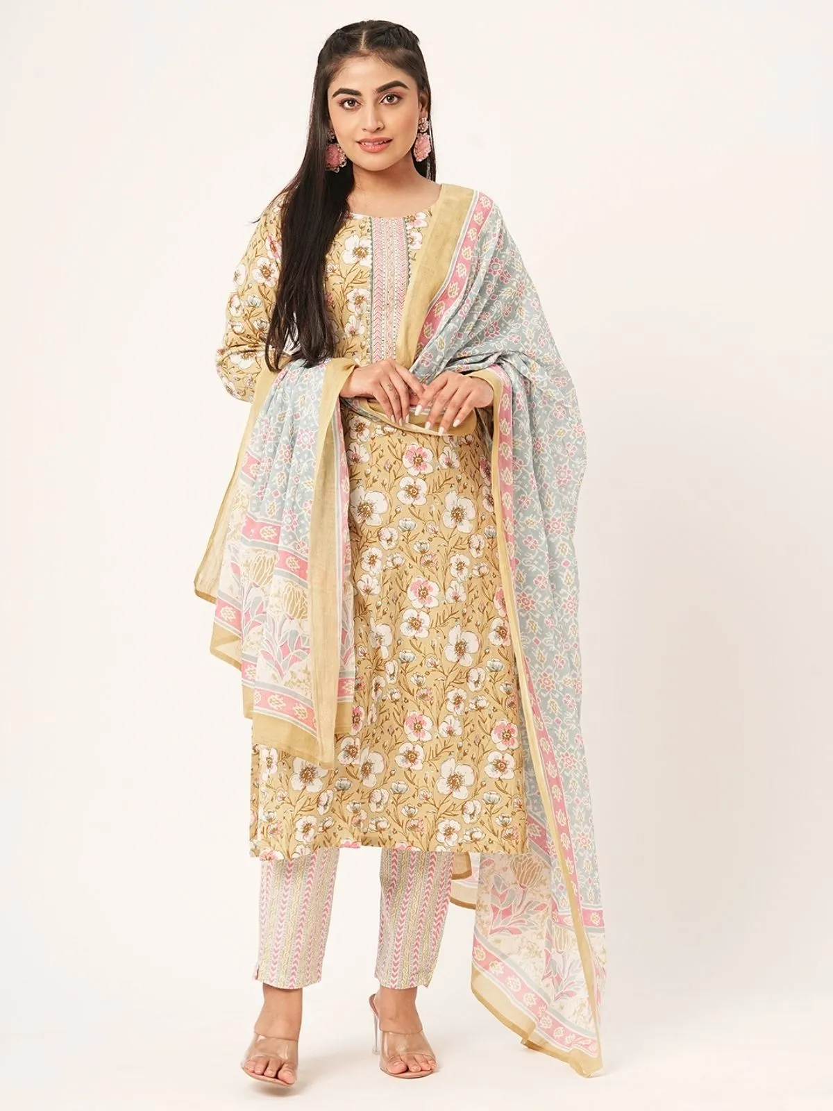 Odette Beige Printed Cotton Stitched Kurta Set For Women