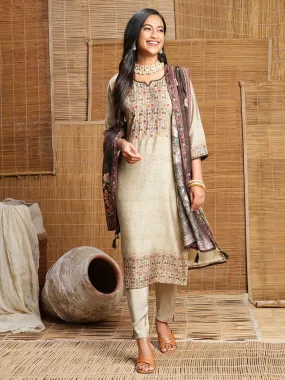 Odette Beige Printed Cotton Stitched Kurta Set For Women