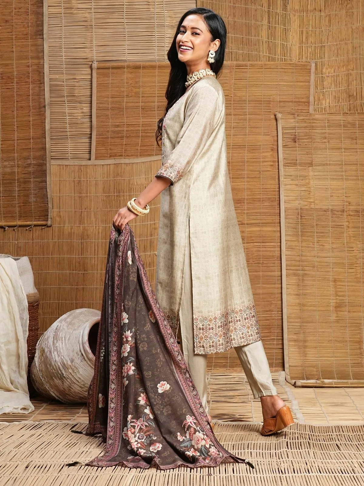 Odette Beige Printed Cotton Stitched Kurta Set For Women