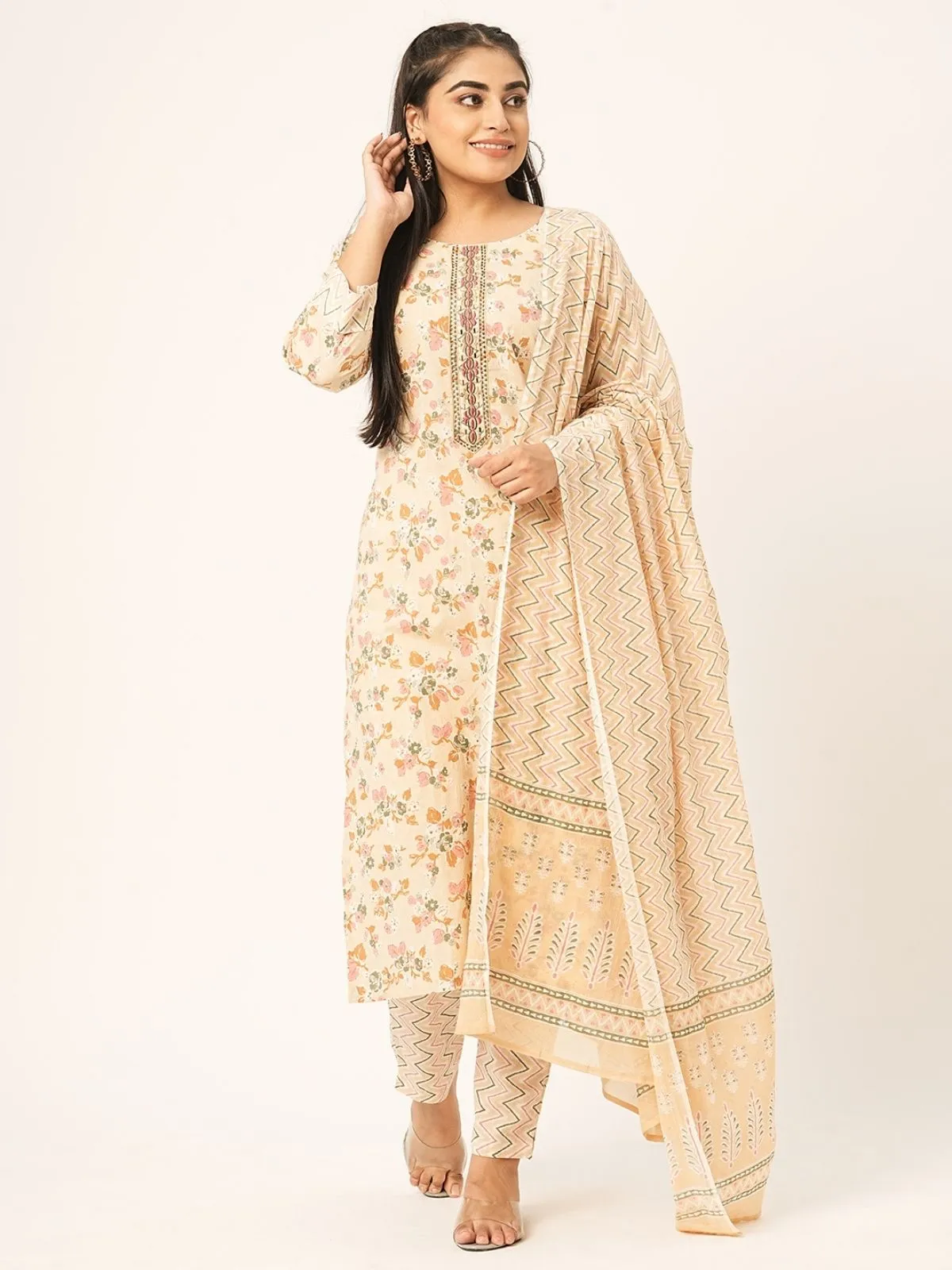 Odette Beige Printed Cotton Stitched Kurta Set For Women