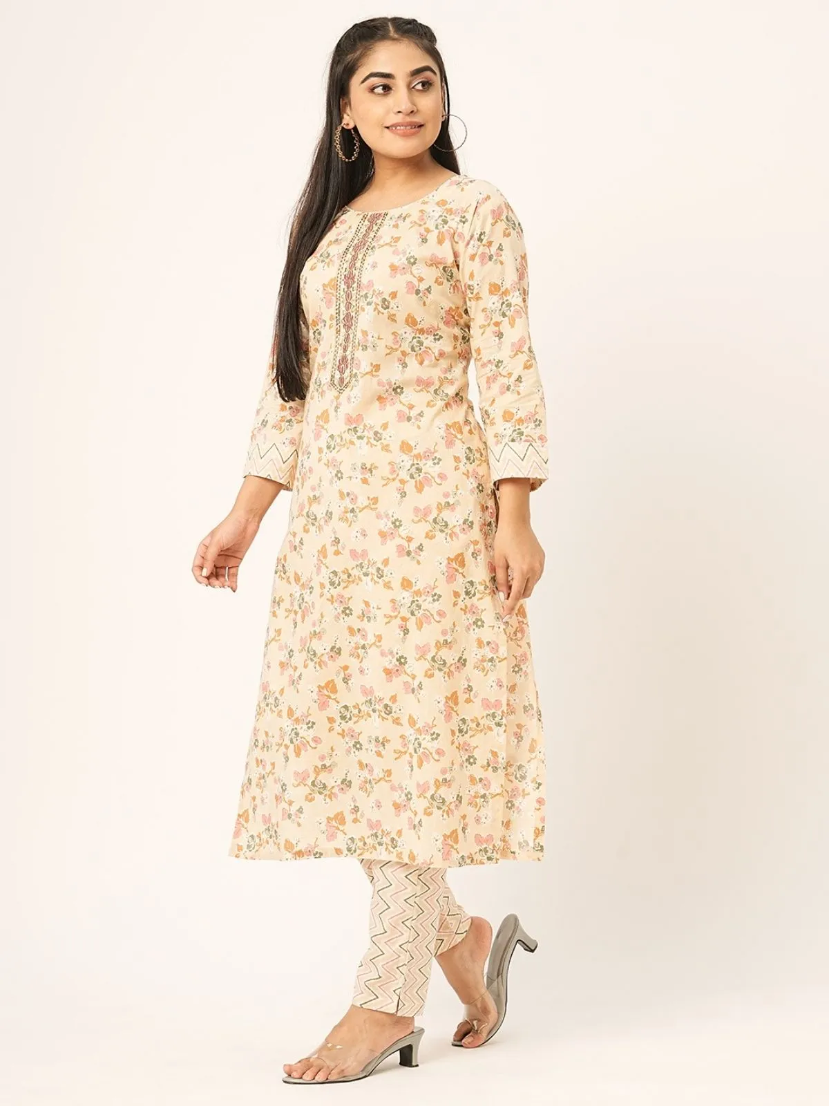 Odette Beige Printed Cotton Stitched Kurta Set For Women