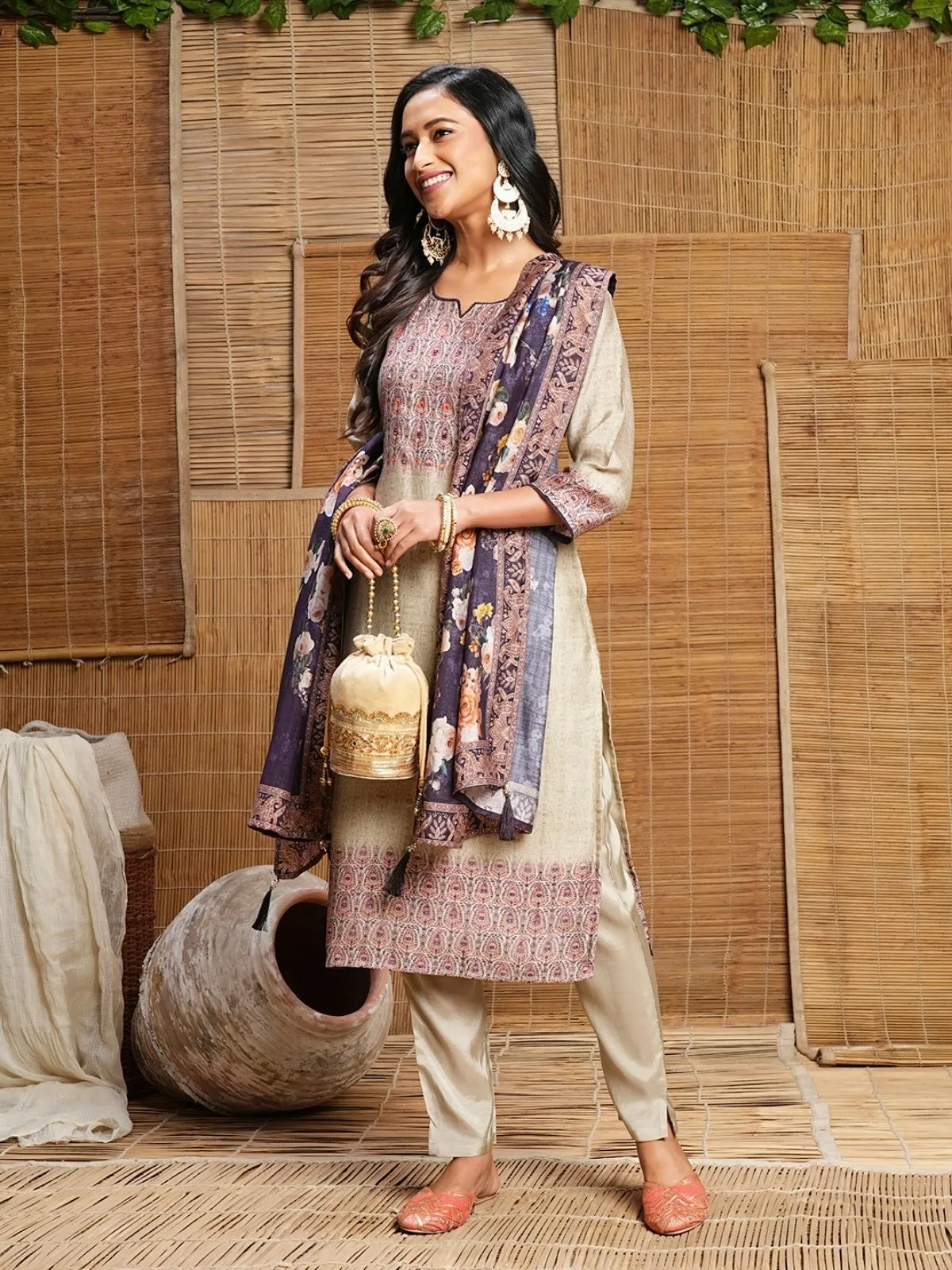 Odette Beige Printed Cotton Stitched Kurta Set For Women