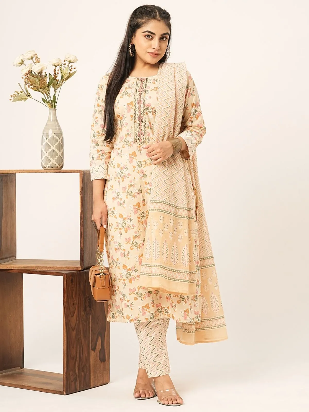 Odette Beige Printed Cotton Stitched Kurta Set For Women