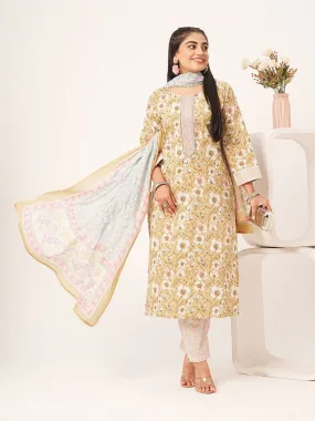 Odette Beige Printed Cotton Stitched Kurta Set For Women