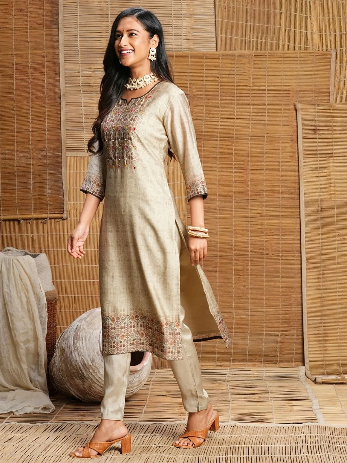 Odette Beige Printed Cotton Stitched Kurta Set For Women