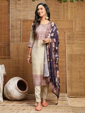 Odette Beige Printed Cotton Stitched Kurta Set For Women