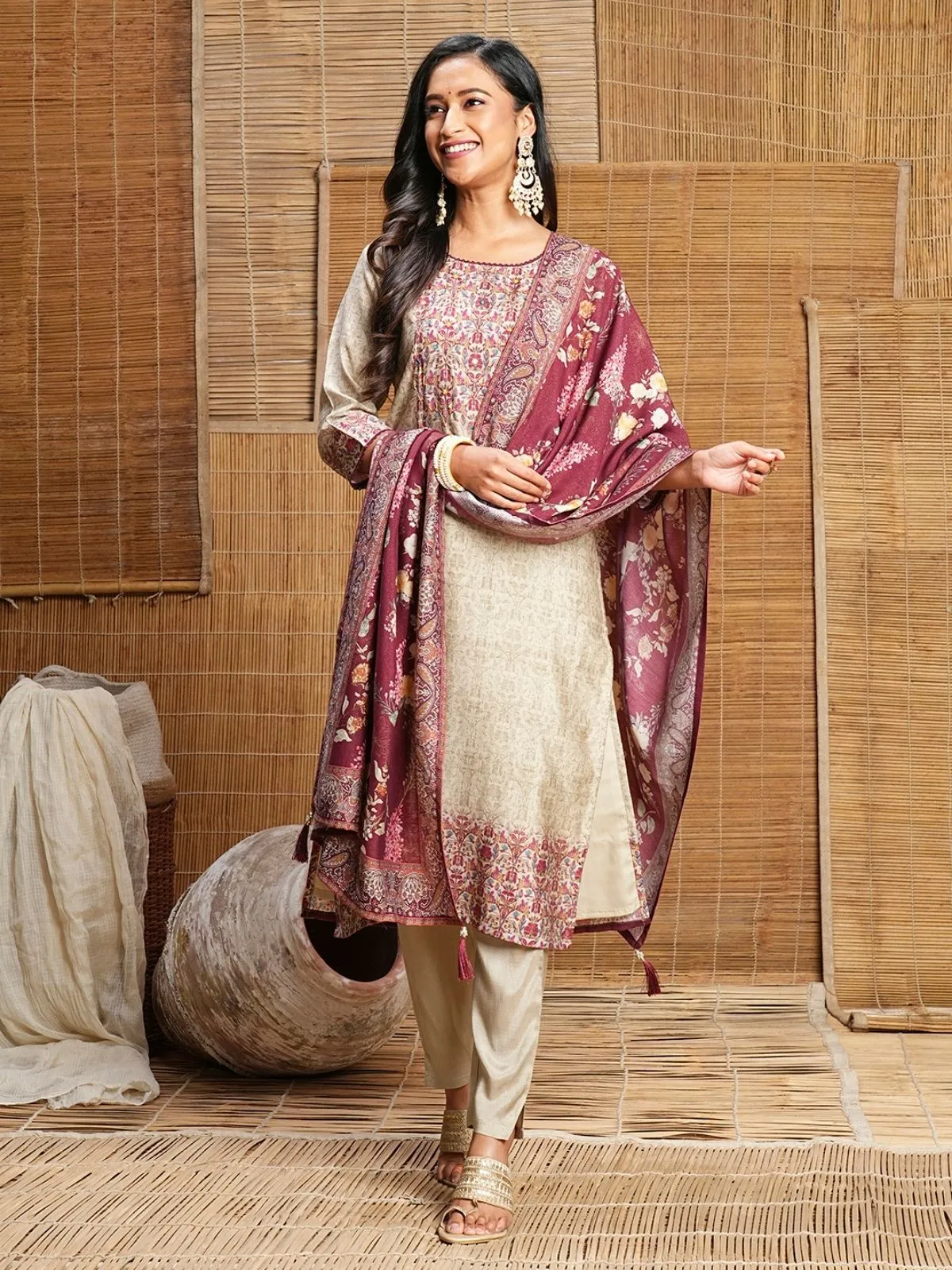 Odette Beige Printed Cotton Stitched Kurta Set For Women