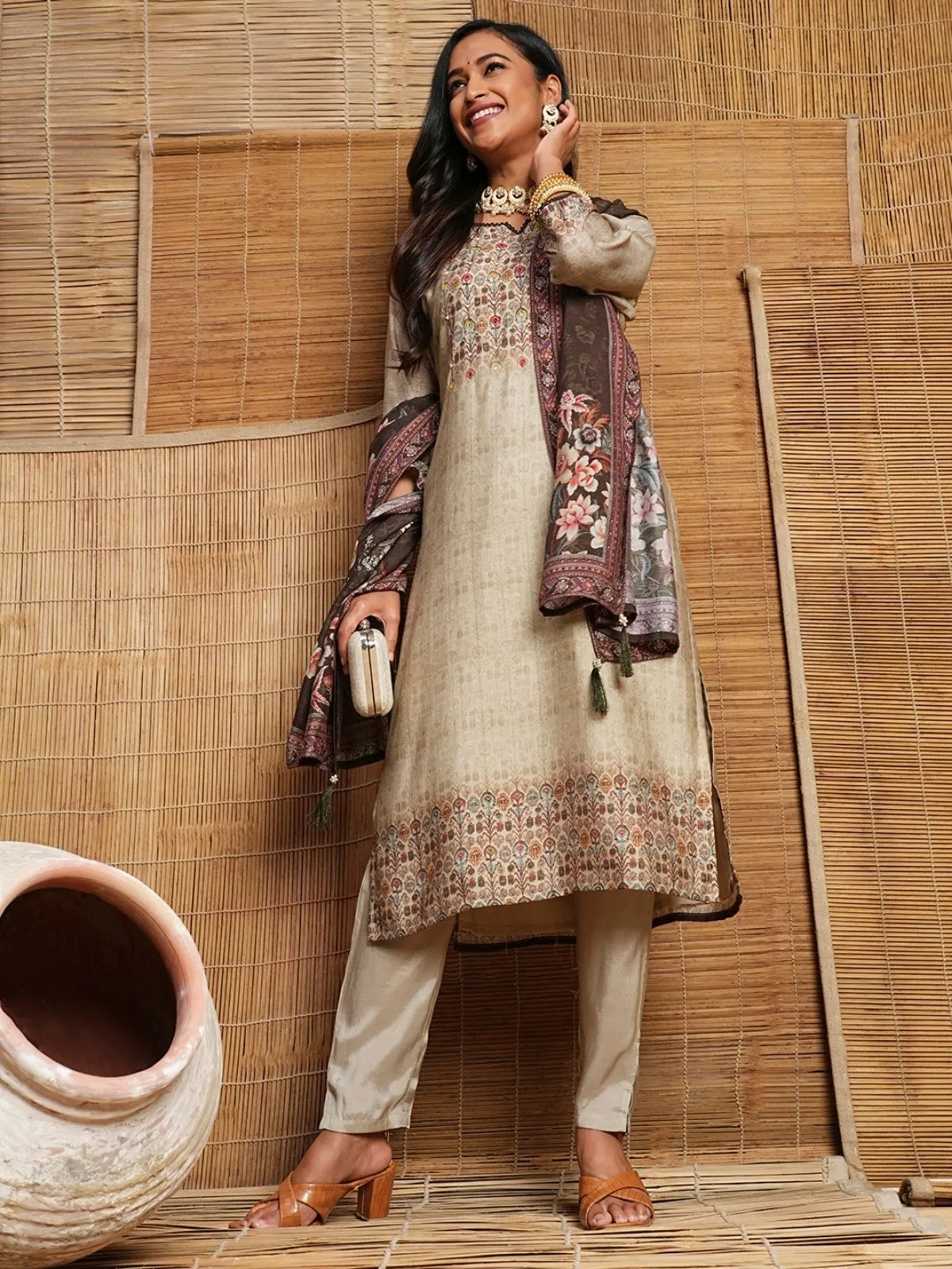 Odette Beige Printed Cotton Stitched Kurta Set For Women